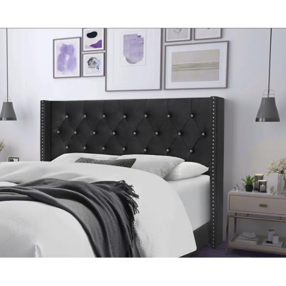 Black faux leather full size bed with button-tufted wingback headboard, nailhead trim, and low-profile frame.