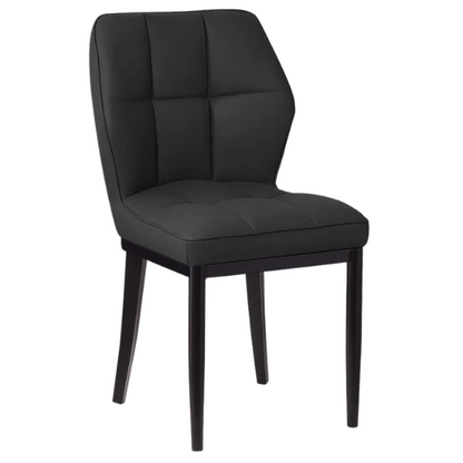 Set of two mid-century modern black faux leather dining chairs with checkered stitching and metal legs