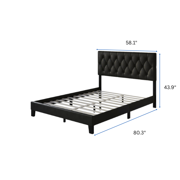 Black full size upholstered platform bed with button-tufted faux leather headboard, solid wood frame, and center support legs.