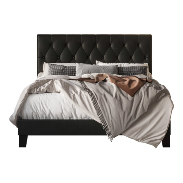 Black full size upholstered platform bed with button-tufted faux leather headboard, solid wood frame, and center support legs.