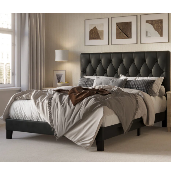 Black full size upholstered platform bed with button-tufted faux leather headboard, solid wood frame, and center support legs.