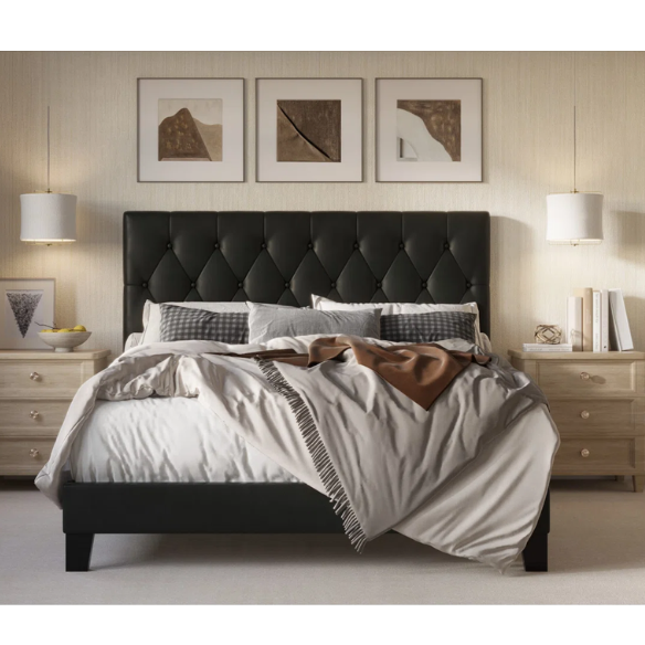 Black full size upholstered platform bed with button-tufted faux leather headboard, solid wood frame, and center support legs.