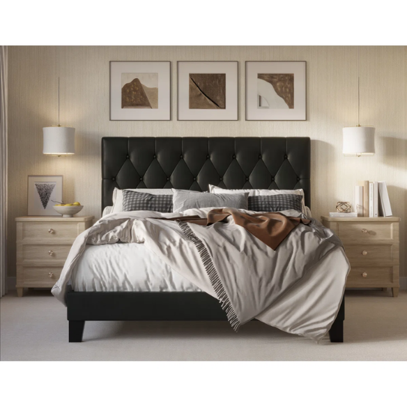 Black full size upholstered platform bed with button-tufted faux leather headboard, solid wood frame, and center support legs.