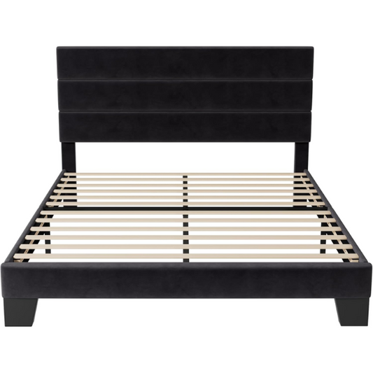 Black king-size upholstered platform bed with rectangular headboard, linen-blend fabric, and no box spring required

