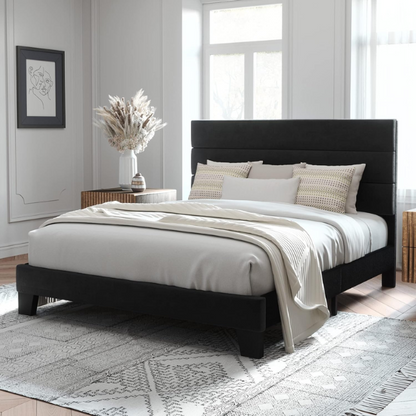 Black king-size upholstered platform bed with rectangular headboard, linen-blend fabric, and no box spring required

