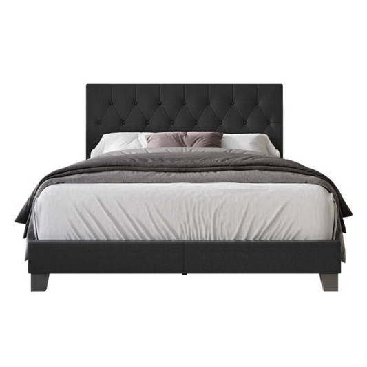 Black linen full size upholstered bed with button tufted rectangular headboard and solid wood frame.

