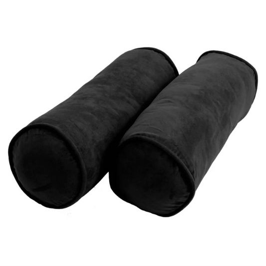 Set of 2 black bolster throw pillows with soft microsuede covers, corded edges, and plush polyester fill, designed for stylish indoor comfort.

