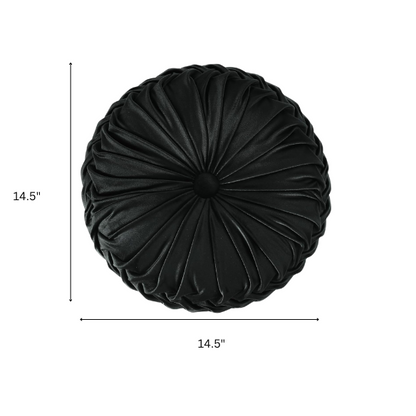 Black velvet round throw pillows with hand-sewn pleats and central button, set of two 14.5-inch plush decorative cushions styled on a modern neutral sofa.

