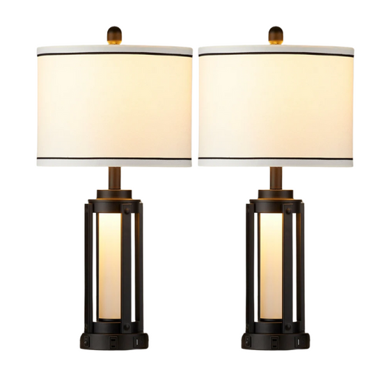 Set of two 25.3-inch modern black table lamps featuring white drum shades with black trim, built-in nightlight, USB and Type-C charging ports, and AC outlet on each base.


