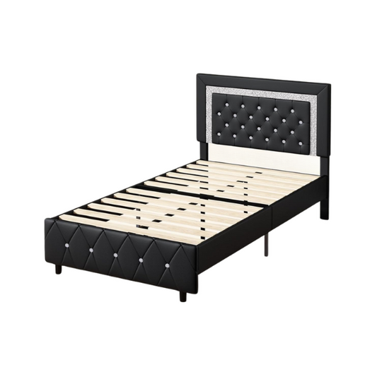 Black twin-size platform bed frame with crystal-tufted headboard, faux leather upholstery, and underbed clearance—no box spring required

