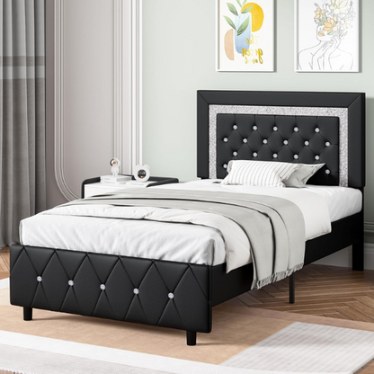 Black twin-size platform bed frame with crystal-tufted headboard, faux leather upholstery, and underbed clearance—no box spring required

