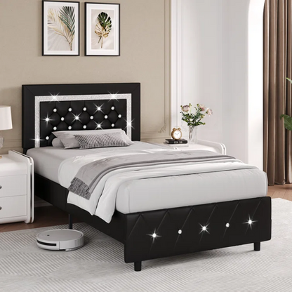Black twin-size platform bed frame with crystal-tufted headboard, faux leather upholstery, and underbed clearance—no box spring required

