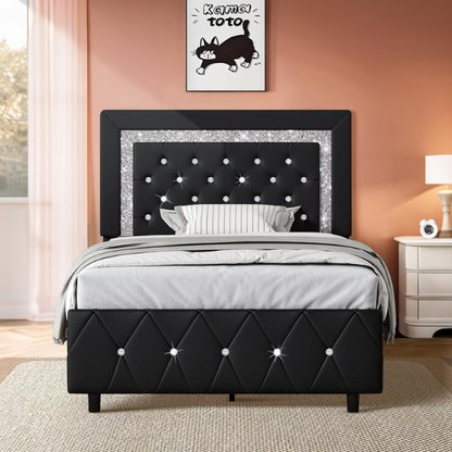 Black twin-size platform bed frame with crystal-tufted headboard, faux leather upholstery, and underbed clearance—no box spring required

