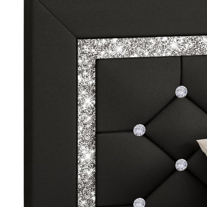 Black twin-size platform bed frame with crystal-tufted headboard, faux leather upholstery, and underbed clearance—no box spring required

