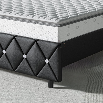 Black twin-size platform bed frame with crystal-tufted headboard, faux leather upholstery, and underbed clearance—no box spring required

