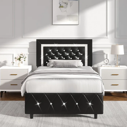 Black twin-size platform bed frame with crystal-tufted headboard, faux leather upholstery, and underbed clearance—no box spring required

