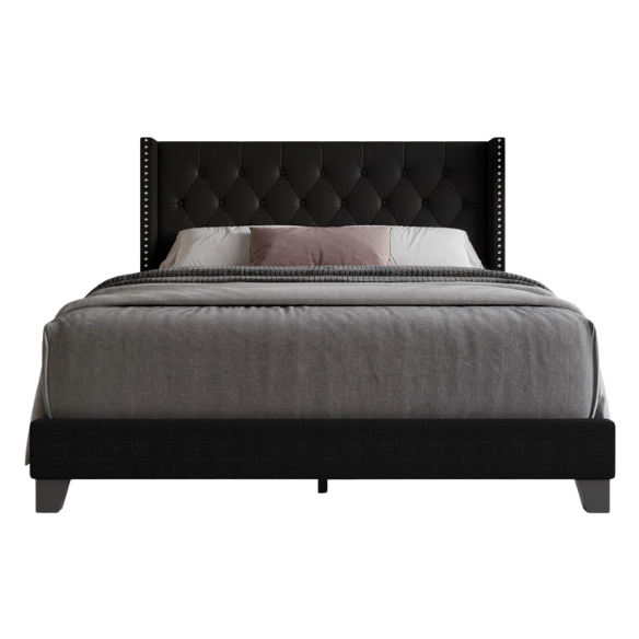 Black upholstered full-size bed with tufted wingback headboard and nailhead trim