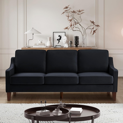 Elegant black velvet 3-seater sofa with plush cushions, modern design, and wood frame – perfect for living rooms or formal lounges.
