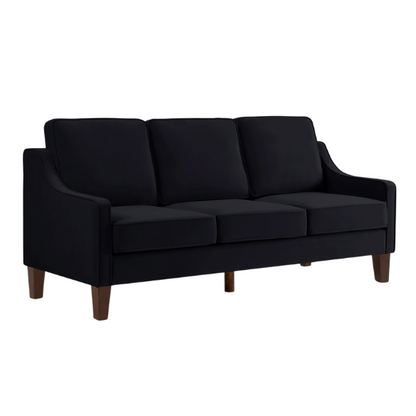 Elegant black velvet 3-seater sofa with plush cushions, modern design, and wood frame – perfect for living rooms or formal lounges.