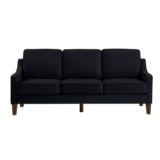 Elegant black velvet 3-seater sofa with plush cushions, modern design, and wood frame – perfect for living rooms or formal lounges.