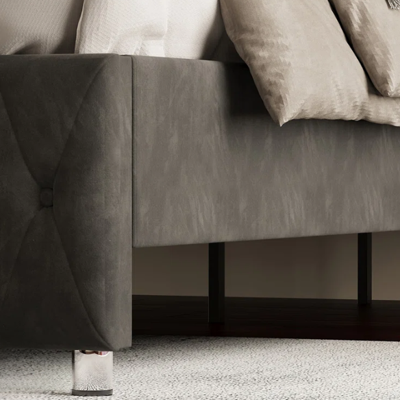 Black velvet full size platform bed with tufted headboard and footboard, featuring built-in RGB LED lighting, rectangular silhouette, and low-profile design.

