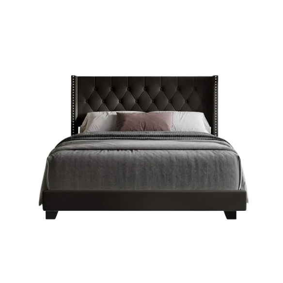 Black velvet full size bed with button-tufted wingback headboard, nailhead trim, and low-profile frame.