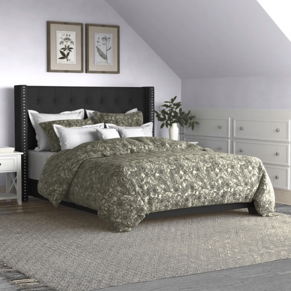 Black velvet full size bed with button-tufted wingback headboard, nailhead trim, and low-profile frame.