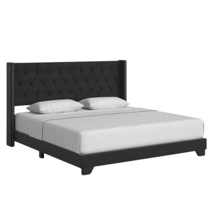 Black velvet full size bed with button-tufted wingback headboard, nailhead trim, and low-profile frame.