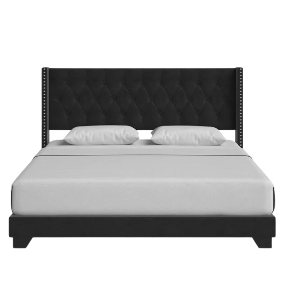 Black velvet full size bed with button-tufted wingback headboard, nailhead trim, and low-profile frame.