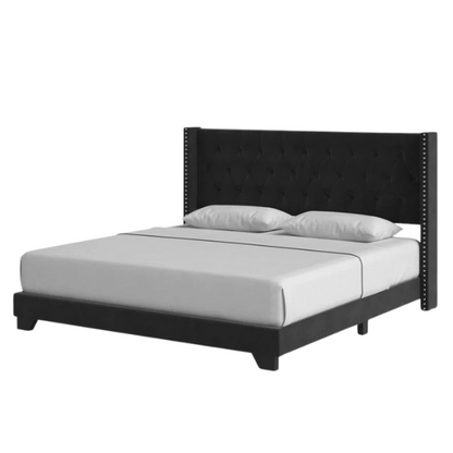 Black velvet full size bed with button-tufted wingback headboard, nailhead trim, and low-profile frame.