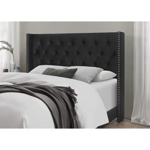 Black velvet full size bed with button-tufted wingback headboard, nailhead trim, and low-profile frame.