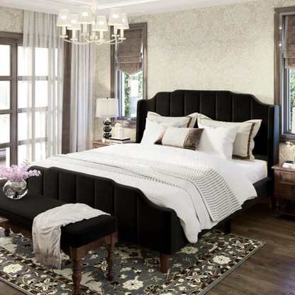 Black velvet queen platform bed with tufted channel headboard, solid wood frame, and tapered legs – no box spring required

