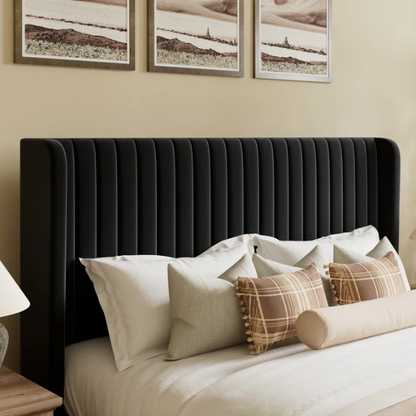 Black full-size velvet upholstered platform bed with tufted wingback headboard and solid wood slat support