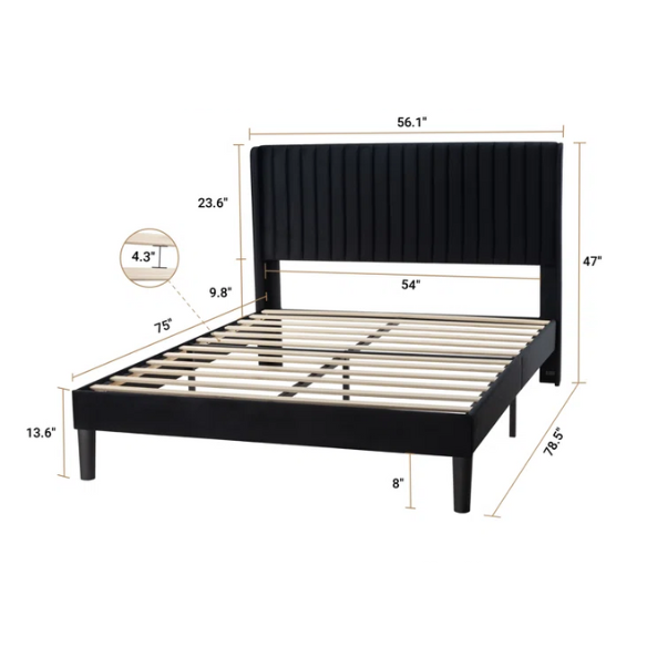Black full-size velvet upholstered platform bed with tufted wingback headboard and solid wood slat support