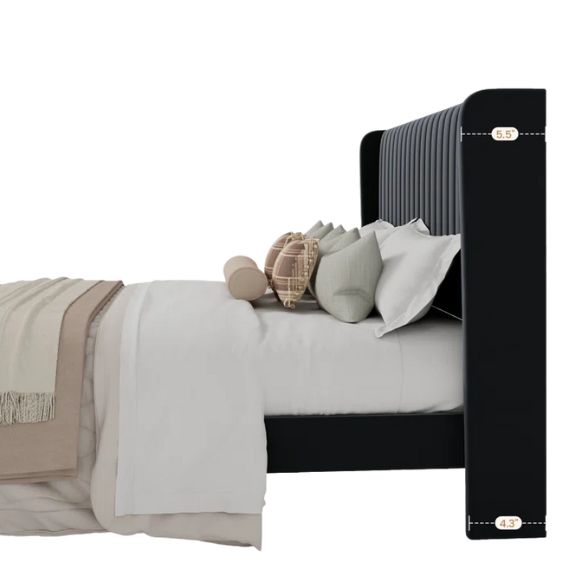 Black full-size velvet upholstered platform bed with tufted wingback headboard and solid wood slat support