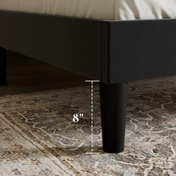 Black full-size velvet upholstered platform bed with tufted wingback headboard and solid wood slat support