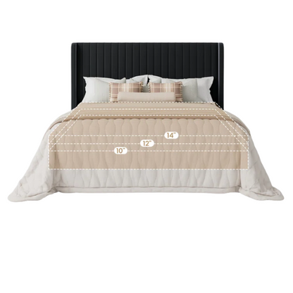 Black full-size velvet upholstered platform bed with tufted wingback headboard and solid wood slat support