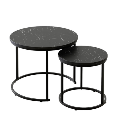Black and white marble round nesting coffee tables with metal frame