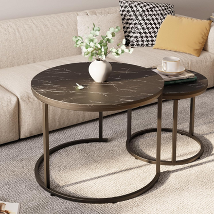 Black and white marble round nesting coffee tables with metal frame