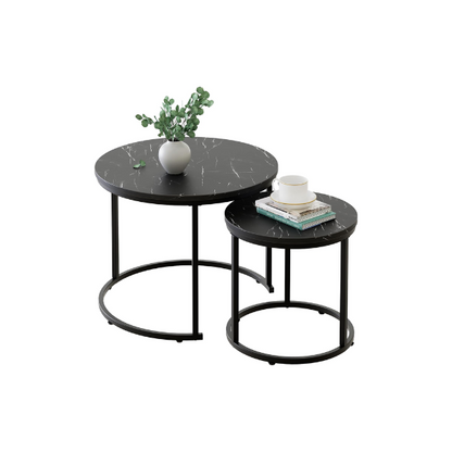 Black and white marble round nesting coffee tables with metal frame