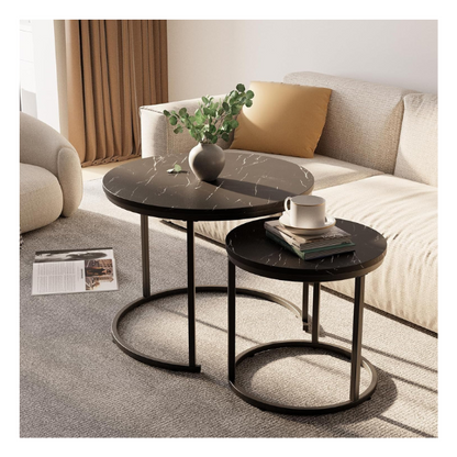Black and white marble round nesting coffee tables with metal frame
