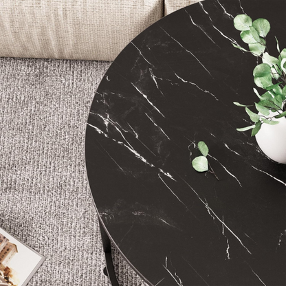 Black and white marble round nesting coffee tables with metal frame