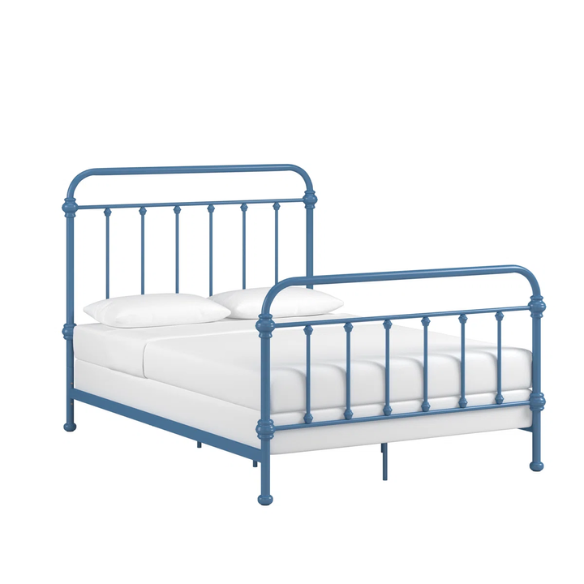 Blue full size metal bed frame with spindle headboard and footboard, decorative finials, and center support legs.