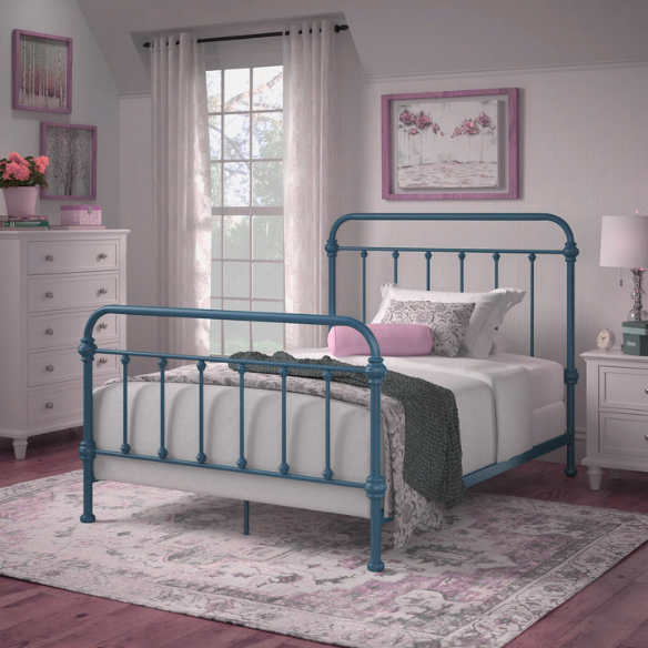 Blue full size metal bed frame with spindle headboard and footboard, decorative finials, and center support legs.