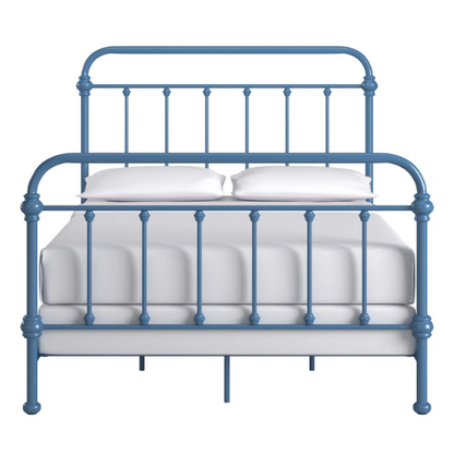 Blue full size metal bed frame with spindle headboard and footboard, decorative finials, and center support legs.