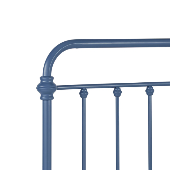Blue full size metal bed frame with spindle headboard and footboard, decorative finials, and center support legs.