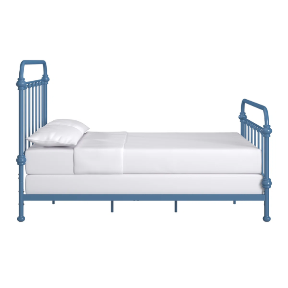 Blue full size metal bed frame with spindle headboard and footboard, decorative finials, and center support legs.