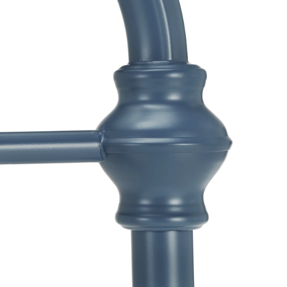 Blue full size metal bed frame with spindle headboard and footboard, decorative finials, and center support legs.