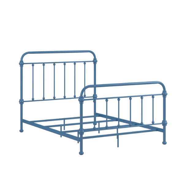 Blue full size metal bed frame with spindle headboard and footboard, decorative finials, and center support legs.