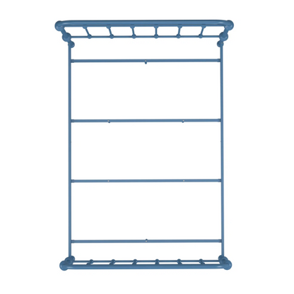 Blue full size metal bed frame with spindle headboard and footboard, decorative finials, and center support legs.